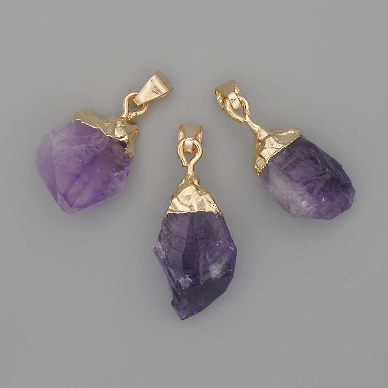 Amethyst Pendant with Raw Stone in Gold-Tone Metal, 29x16 mm+