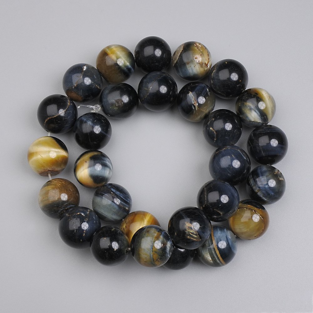 Hawk's Eye Beads - Smooth Round Beads, 14 mm Diameter, on Thread, 38 cm Length