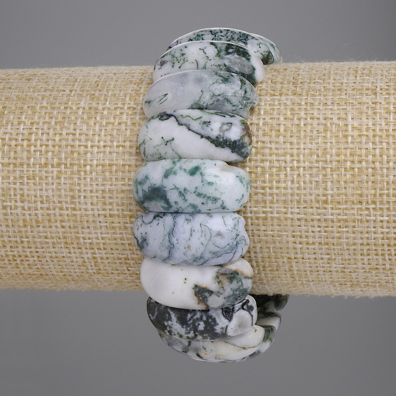 Moss Agate Bead Link Bracelet, diameter 25×11 mm, length 18 cm, stretch