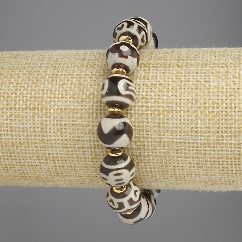 Agate Bracelet with Smooth Beads, 12 mm Diameter ±, with Metal Inserts, Length 18 cm ± Stretch