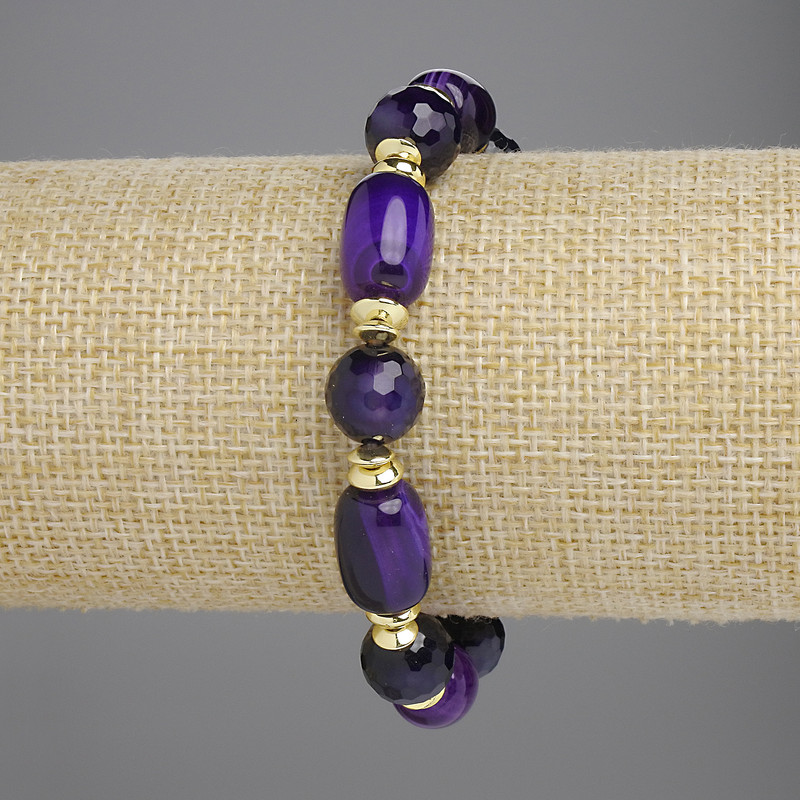 Agate Barrel Bracelet, diameter 13.5×9 mm, 10 mm faceted bead, with metal inserts, length 18 cm, stretch