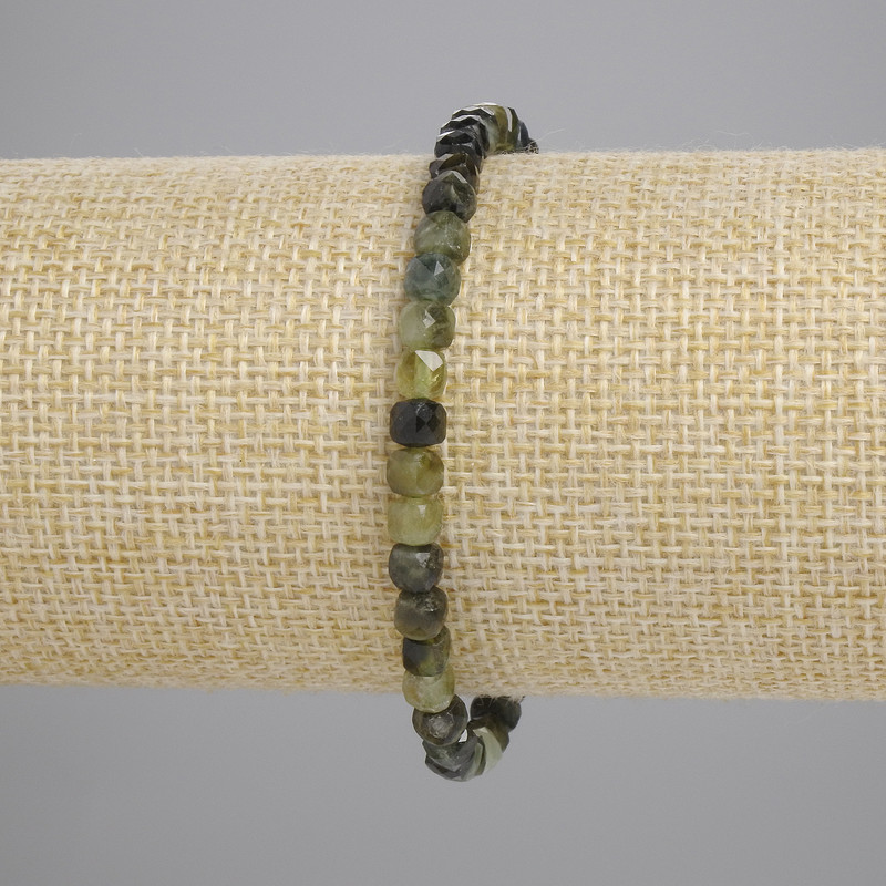 Green Tourmaline Bracelet with Faceted Cube Beads 4×4 mm, Length ~18 cm, Stretch