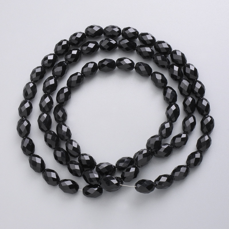 Beads Czech Crystal on Thread, Black Matte Faceted Oval Beads 8x6 mm, 56 cm Length