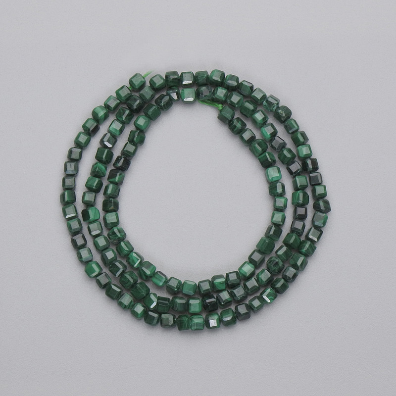 Malachite Beads, Faceted Cube, 3x3 mm ±, on a Thread, Length 39 cm+