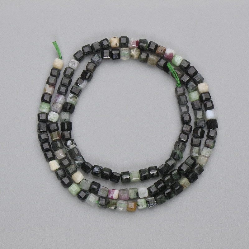 Elbaite Tourmaline Beads, Faceted Cube 3mm on Thread, Length 38 cm+