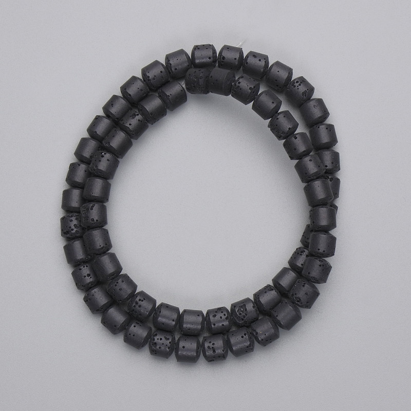 Beads made of black volcanic lava, cylindrical, 6x6 mm diameter, on thread, length about 38 cm