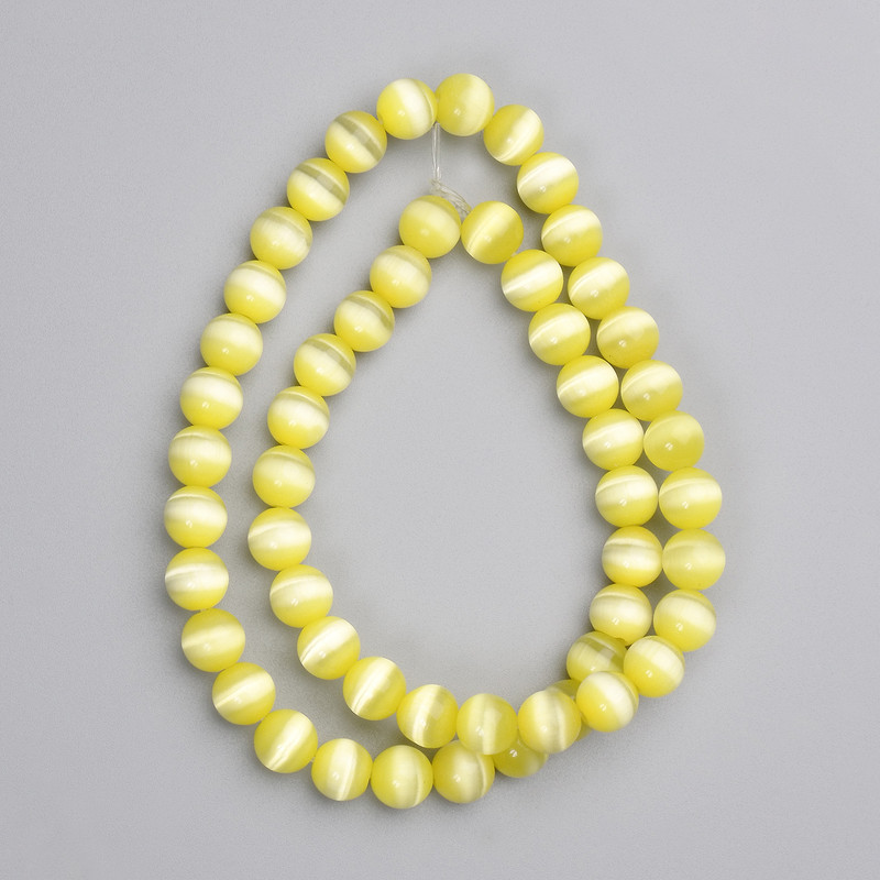 Yellow Cat's Eye Beads, 8 mm, Smooth Round Beads on Beading Thread, Approximately 39 cm Long