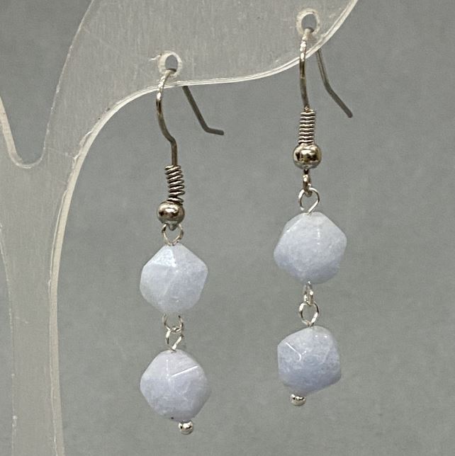 Aquamarine earrings, natural gemstone, faceted, 8x7mm, length about 40mm, silver-tone metal
