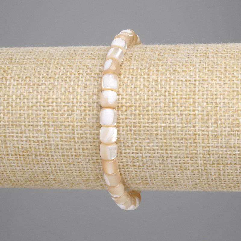 Beige Mother-of-Pearl Cylindrical Bead Bracelet, 5×5 mm beads, 18 cm length, stretch