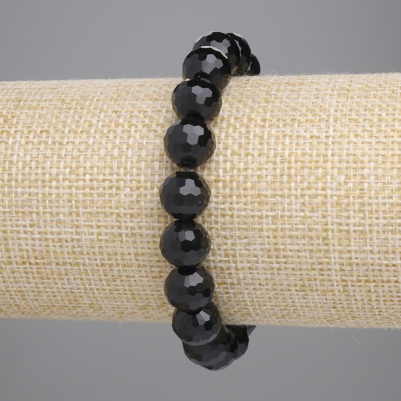 Agate Bracelet (artificial) with Black Czech Glass Faceted Beads, 10 mm, 18 cm Stretch