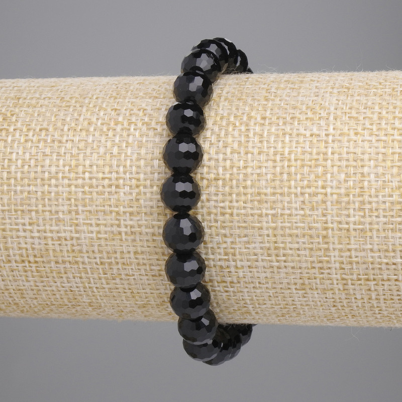 Agate Bracelet (Beaded) with Black Czech Glass Faceted Beads 8mm, Length 18 cm, Stretch