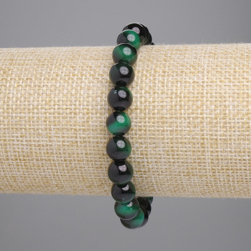 Bracelet with green tiger's eye beads, smooth round, 8mm diameter, 18cm length, stretch