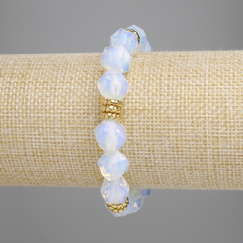 Moonstone (Opalite) Bracelet with Faceted Beads, 11×10 mm, with Metal Inserts, Stretch, 18 cm Length ±