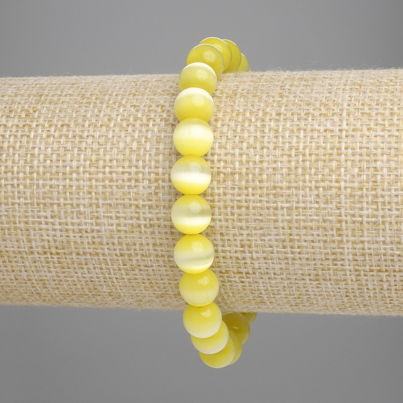 Yellow Cat's Eye Bracelet (Synthetic) - Smooth beads, 8 mm diameter, 18 cm length, stretch