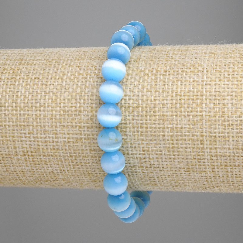 Blue Cat's Eye Bracelet (Synthetic) Smooth Beads, 8 mm Diameter, 18 cm Length, Elastic