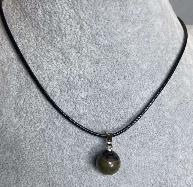 Labradorite Pendant Ball, 12mm Diameter, on Cord, 60 cm Length + 5 cm Extender Chain