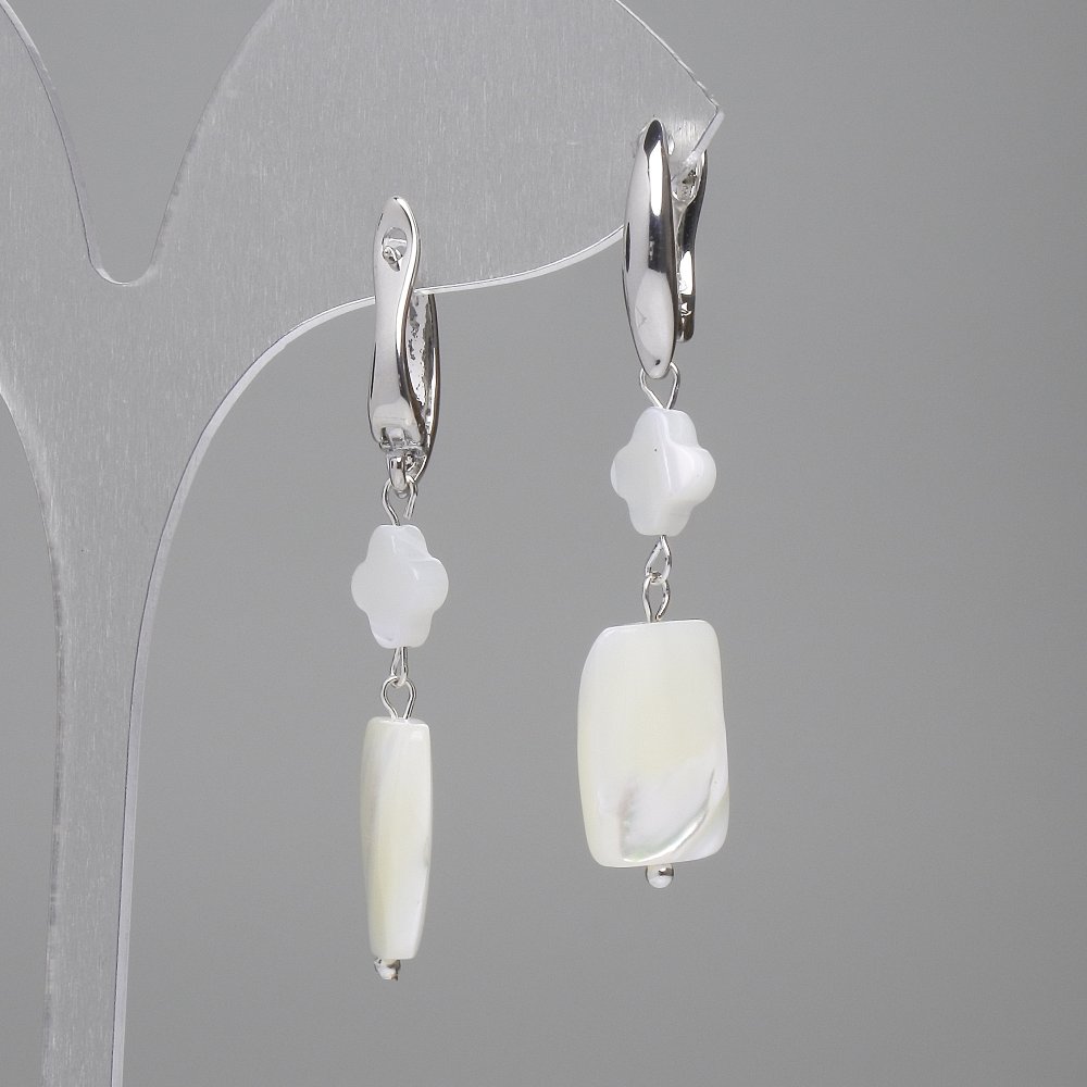 Earrings with Mother-of-Pearl - Rectangular 15x9 mm with Shamrock accent 7 mm, length approximately 45 mm