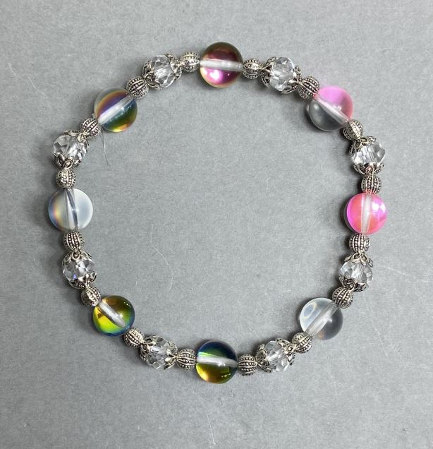 Bracelet with Opal Glass and Czech Crystal - Smooth 8mm Beads, Czech Crystal 6x4.5mm, with Metal Inserts, Length 18 cm, Elastic