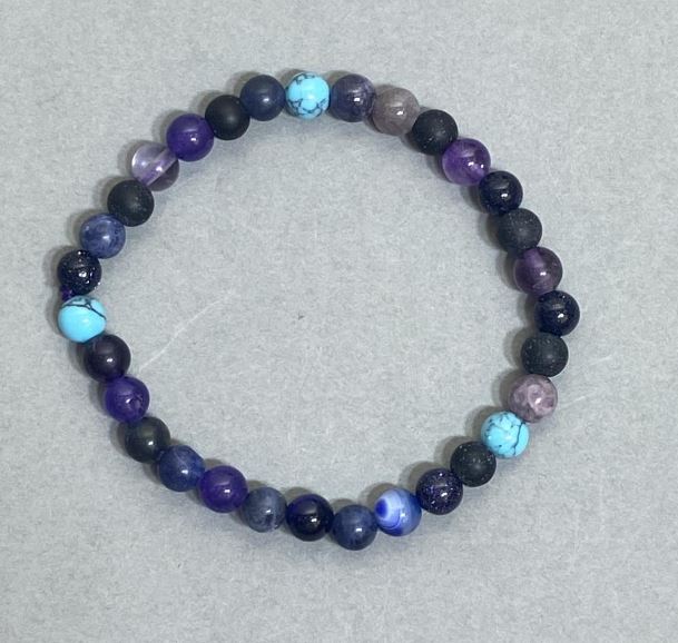 Bracelet with Amethyst, Turquoise, Aventurine, and Agate Smooth Beads, 6mm Diameter, 18cm Length, Stretch