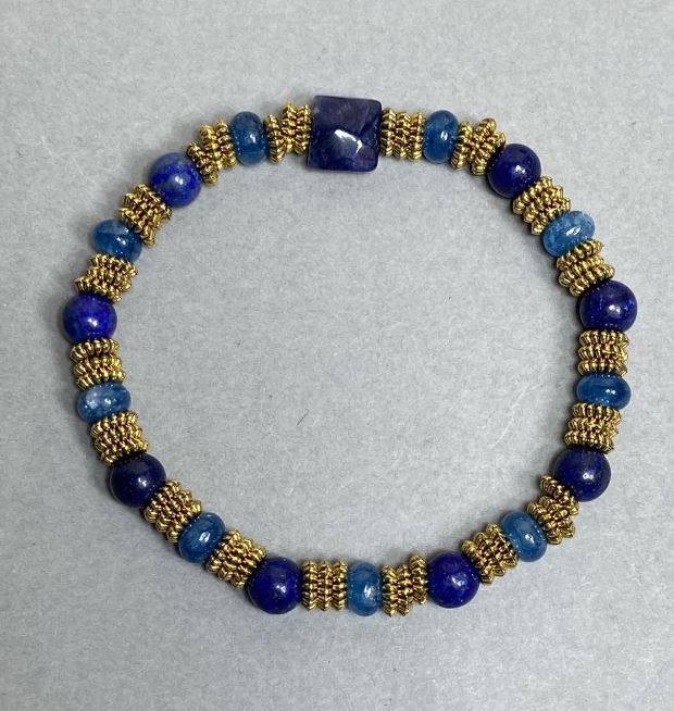 Lapis Lazuli Bracelet with 6 mm Round Beads, 8×8 mm Square Beads, and Apatite Rondelles 6×3.5 mm, with Metal Inlays, 18 cm Stretch