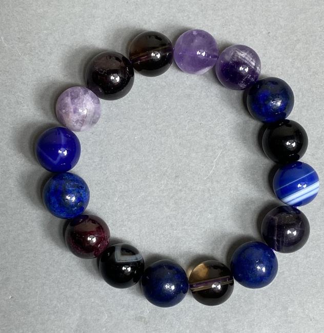 Bracelet with Amethyst, Agate, and Smoky Quartz, Smooth 12mm Beads, 18 cm Elastic