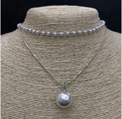 Double Pearl Choker Necklace (Acrylic) with Ball-Shaped Beads, 14 mm Diameter, Length 32–38 cm, Gray Metal