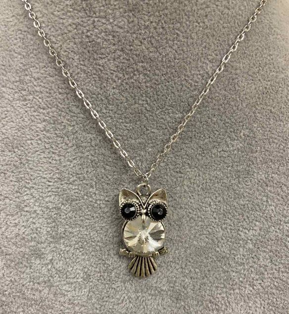 Owl on a Branch Chain Pendant with White Crystal, 52 cm long, 3.5 cm diameter