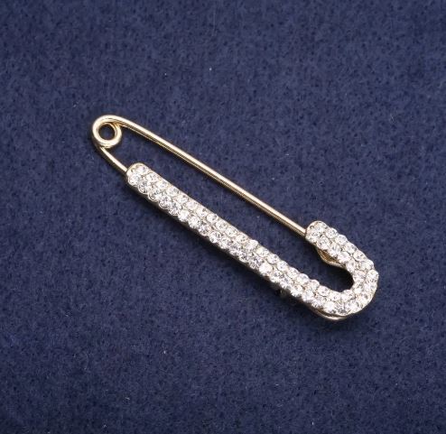 Brooch-pin with white crystals, 75×16 mm, gold-tone metal