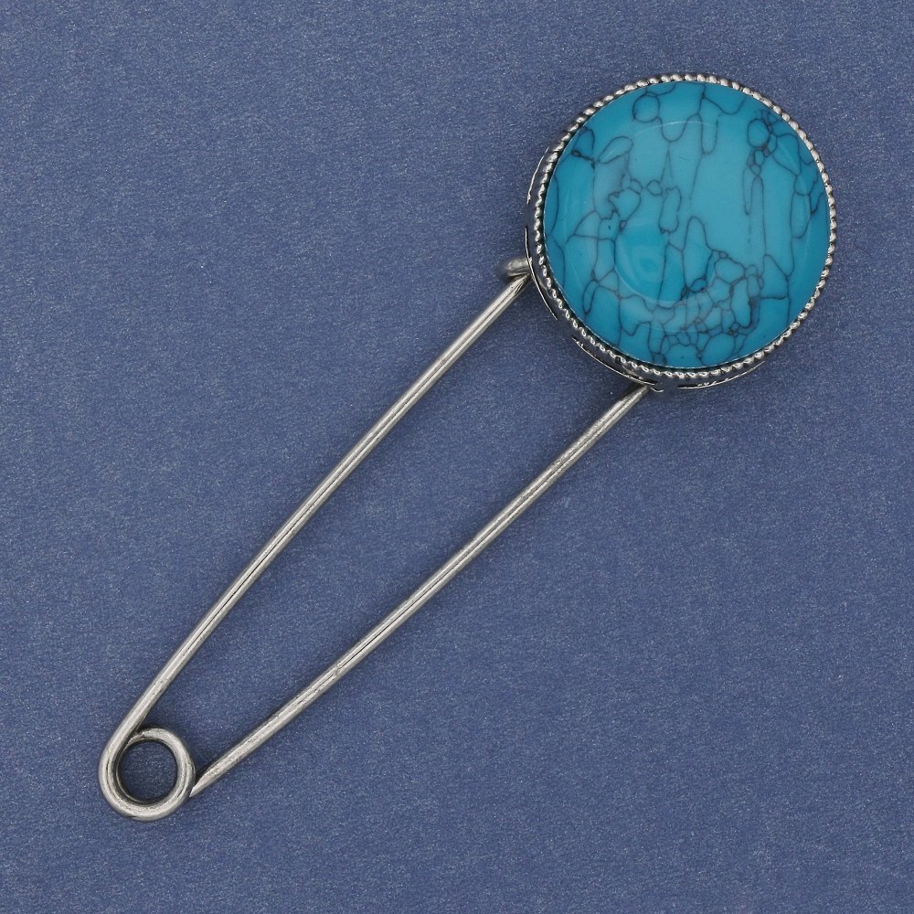 Turquoise Brooch Pin, 78 × 24 mm, silver-tone metal