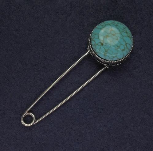 Turquoise Brooch Pin, 78 × 24 mm, silver-tone metal