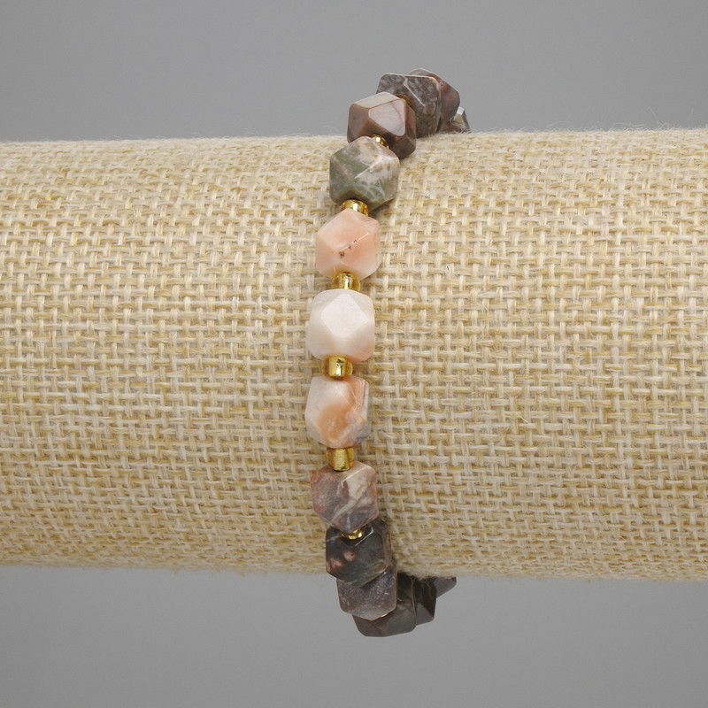 Landscape Jasper Bracelet with Multifaceted 7x7 mm Beads and 3 mm Seed Beads, 18 cm, Stretch