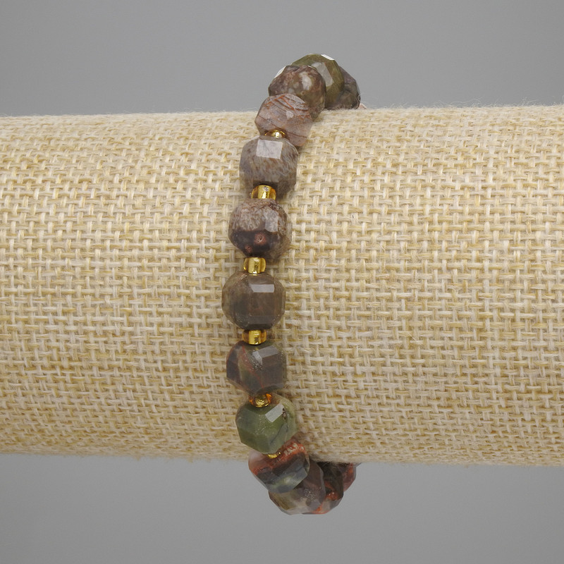 Landscape Jasper Bracelet, Faceted Cube 8x8 mm +/- with 3 mm Seed Beads +/-, 18 cm +/- Stretch