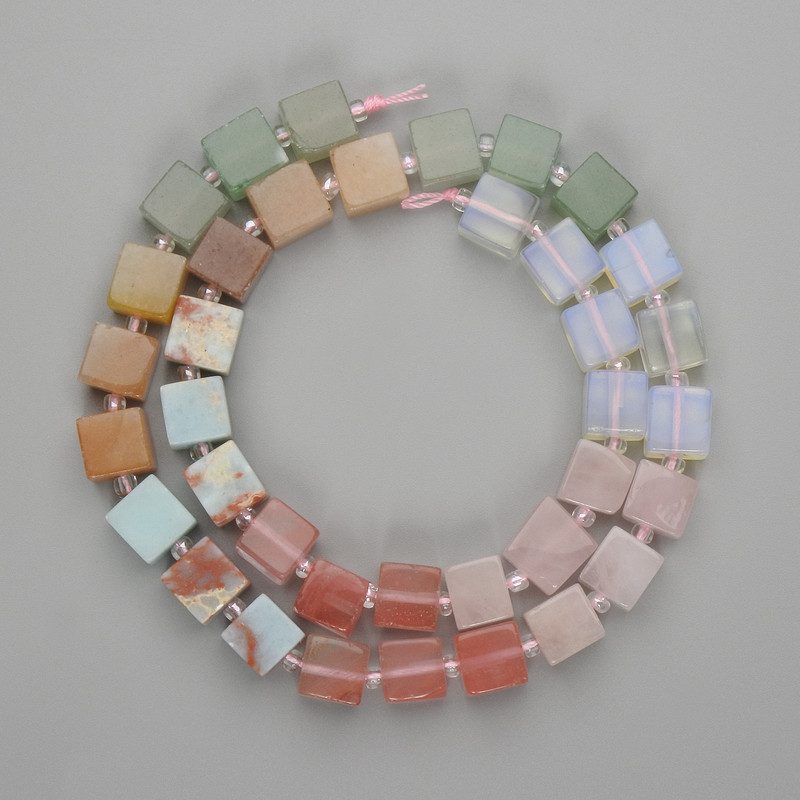 Assorted Beads Chalcedony, Opalite, and Rose Quartz Cubes 8x8 mm +/- Seed Beads 3 mm +-, Length 38 cm +/- on Thread