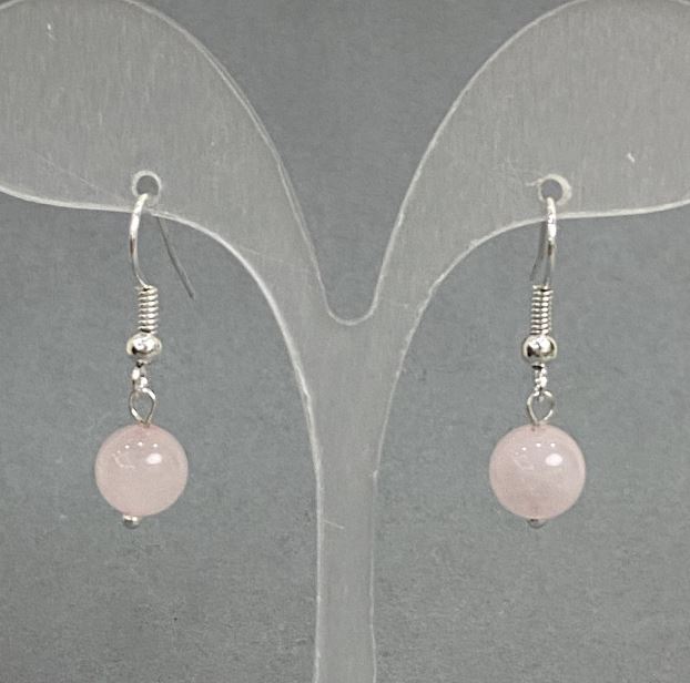 Pink Quartz Earrings with Smooth Beads, 8 mm diameter, 30 mm length