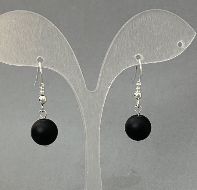 Shungite Earrings with Smooth Bead, 9mm Diameter, 30mm Length+