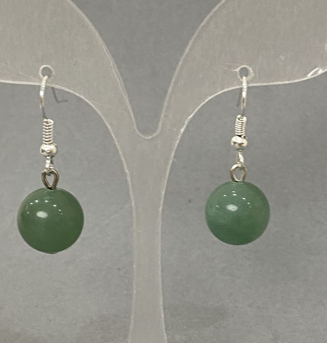 Earrings with Jade: Smooth Bead, 12mm Diameter, 35mm Length