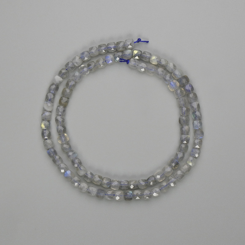 Labradorite Beads, Faceted Cubes 4x4 mm, Length 39 cm ±, On Thread