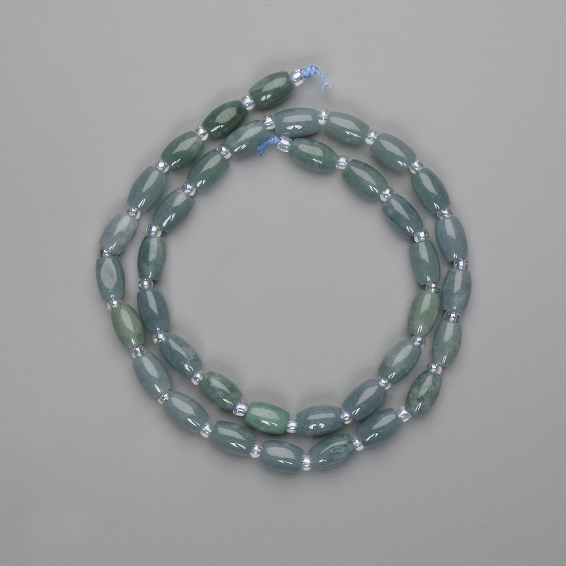 Jadeite Barrel Beads 8x5 mm, with 3 mm seed beads, length 39 cm