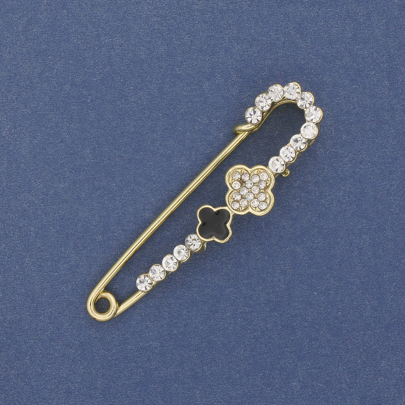Shamrock Brooch Pin with White Crystals, 58×15 mm, Gold-Tone Metal