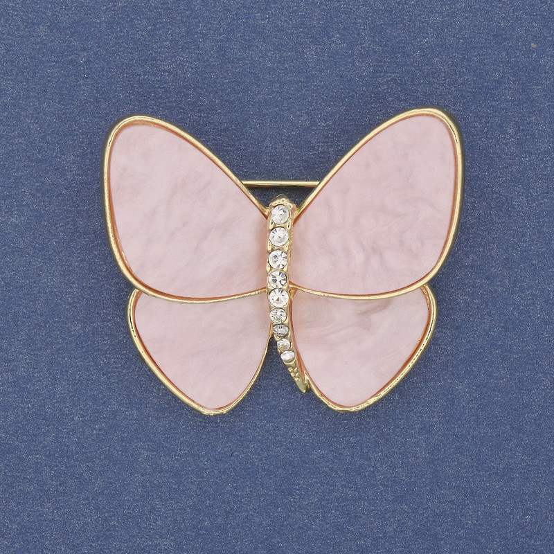 Butterfly Brooch, Pink Pearlescent, Gold-Tone Metal, 26x29 mm