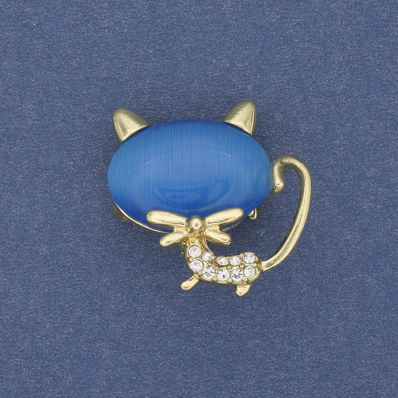 Cat-Shaped Brooch Pendant, Blue Cat's Eye, Gold-Tone Metal, 26×27 mm+