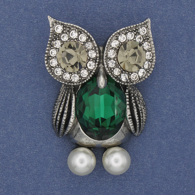 Brooch Owl with Green Crystal, White Rhinestones, Silver-Toned Metal, Diameter 42x29 mm+