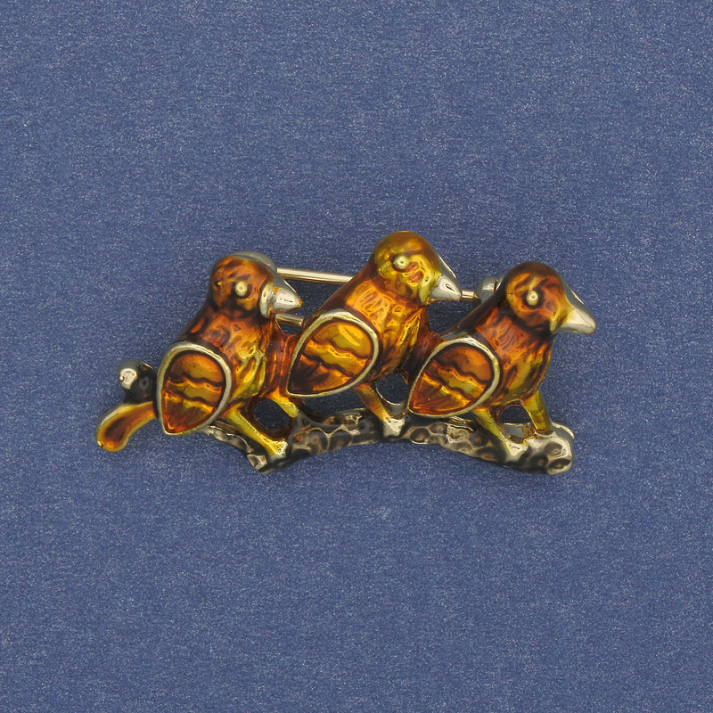 Brooch 'Birds on a Branch' enamel gold-tone metal 35x19 mm+