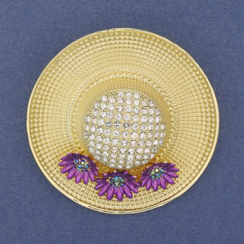 Hat Pendant Brooch with White Crystals, Violet Enamel, Gold-Tone Metal 53 mm+