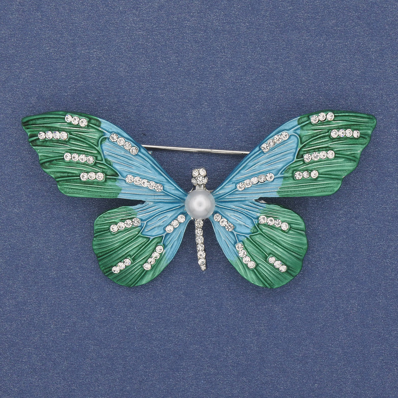 Brooch "Butterfly" with white crystals enamel silver-toned metal 60×35 mm+