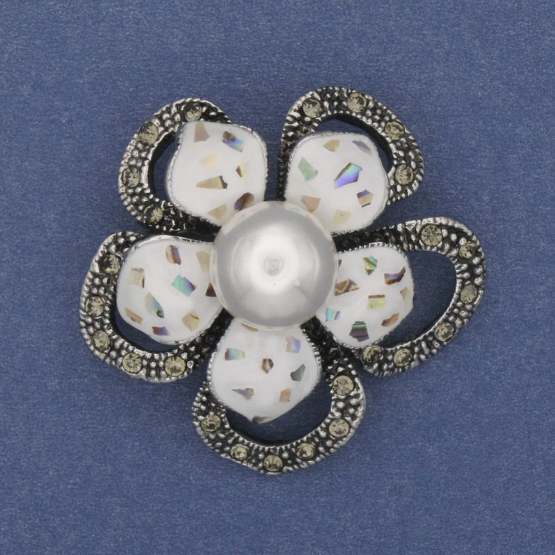 Haliotis Flower Brooch Pendant with White Pearl and Rhinestones, Silver-Tone Metal 37mm+