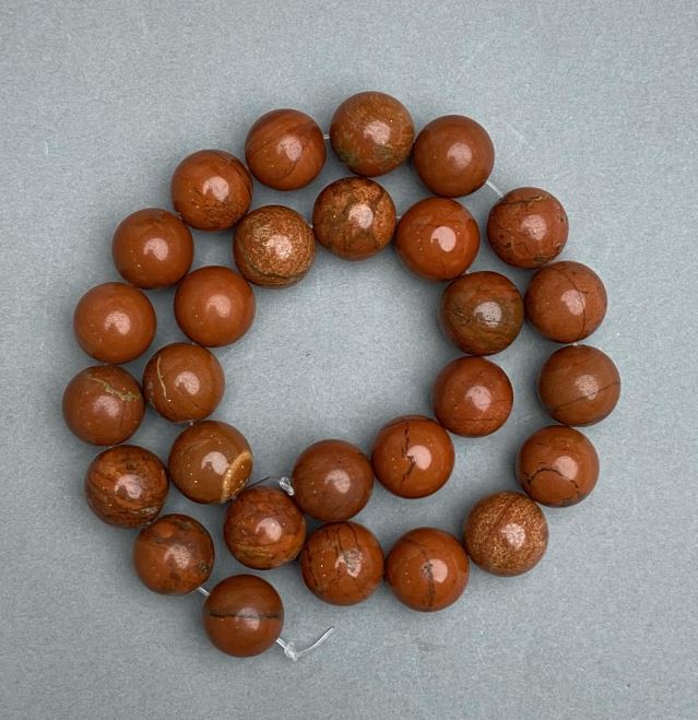 Red Jasper Beads, Smooth Round, 14mm Diameter, 39 cm Length ± on Beading Thread