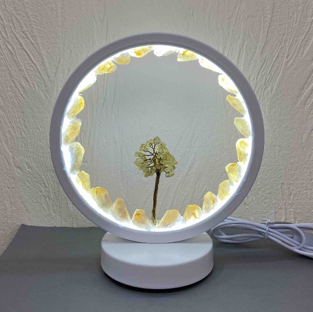 Unpolished Citrine Night Light in a White Metal Base, Diameter 18 cm ± USB Cord