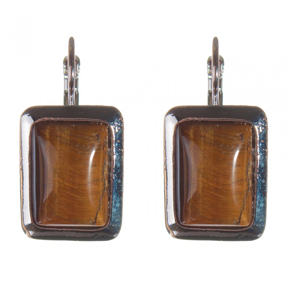 Clearance. Tiger's Eye Earrings in a Smooth Setting, Rectangular Stone 2.3×1.8 cm, Length 3.5 cm