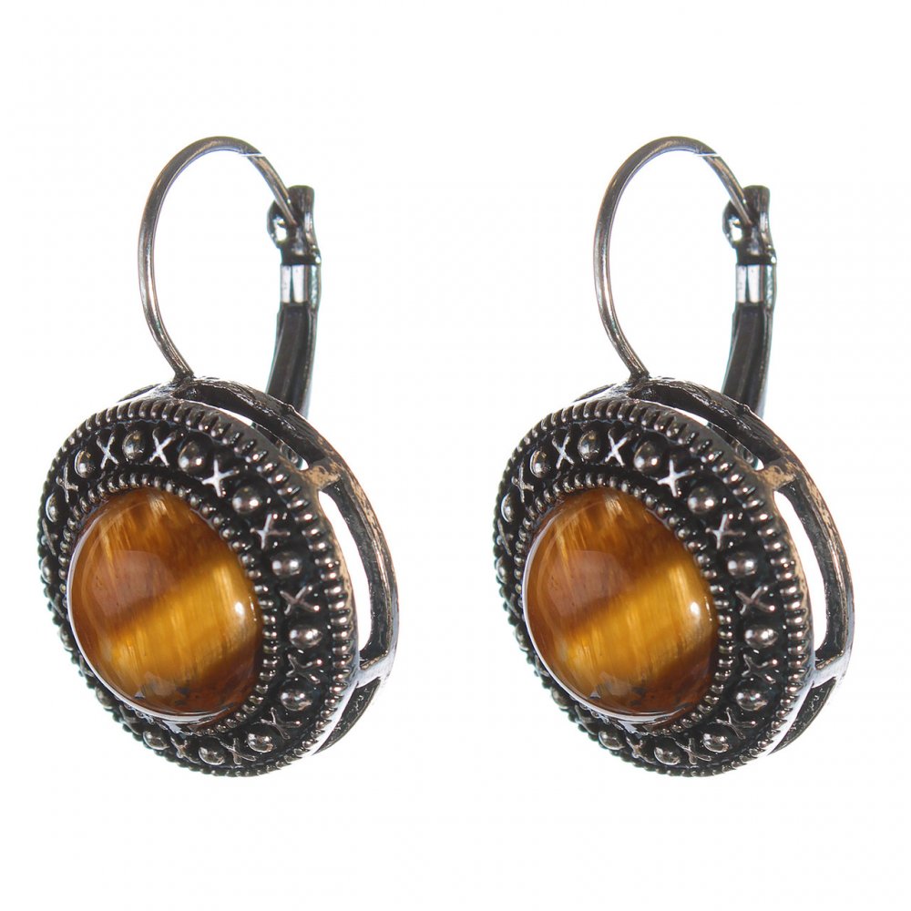 Clearance. Tiger's Eye Earrings in a 'dot cross' setting, round stone 2 cm, length 3 cm